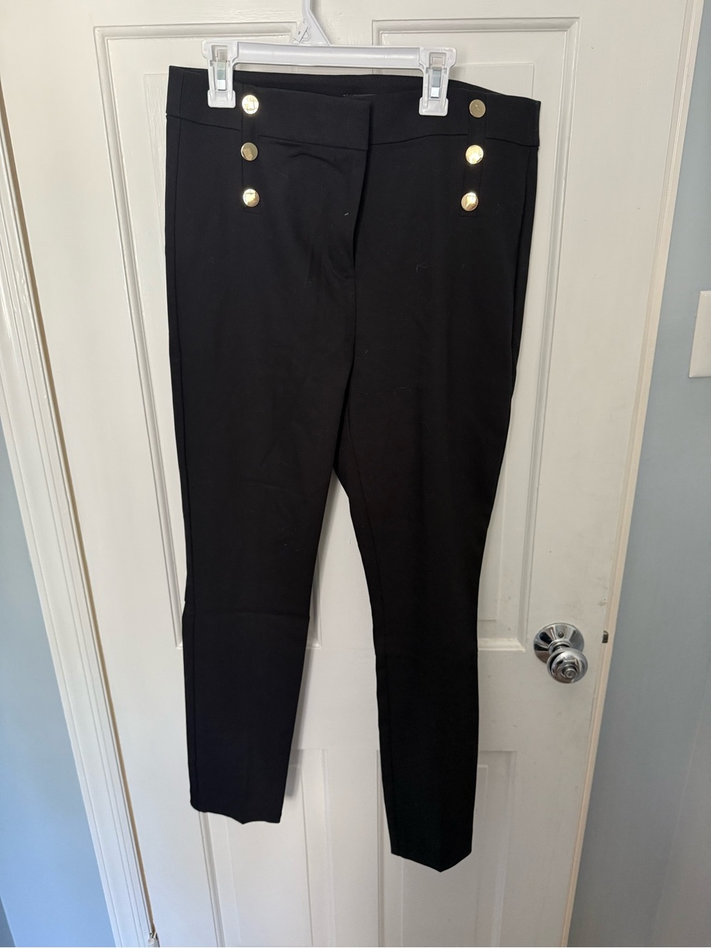 LOFT Black Skinny Ponte Pants with Gold Buttons